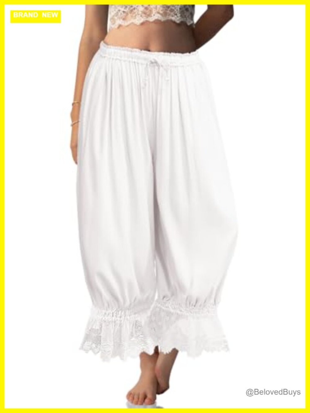 Linen Blend Lace Trim Long Bloomers Wide Leg Lounge Pants with Pockets